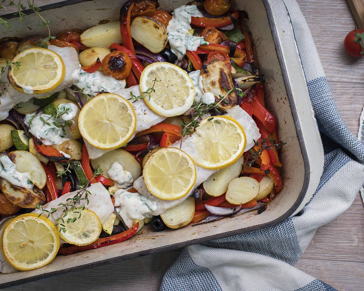 Pic of fish bake in a dish with vegetables